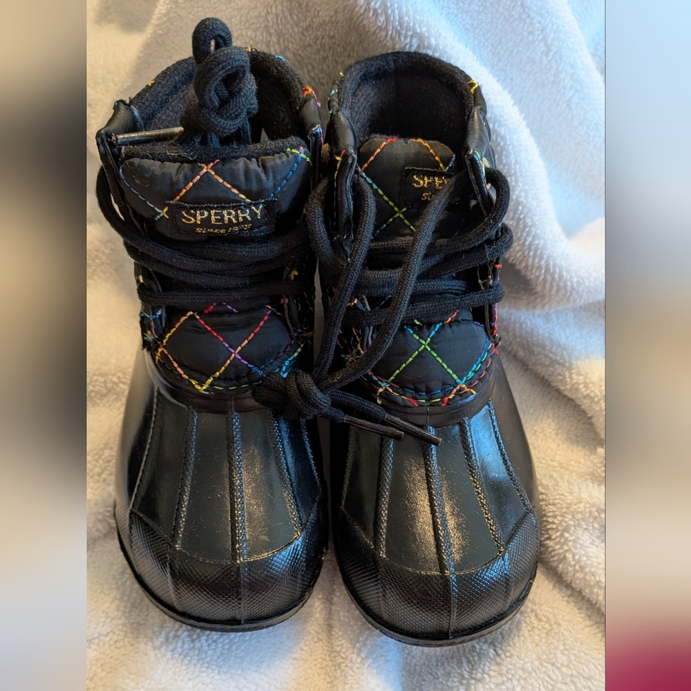 Sperry Kids Black Duck Boots with Rainbow Quilted Stitching
